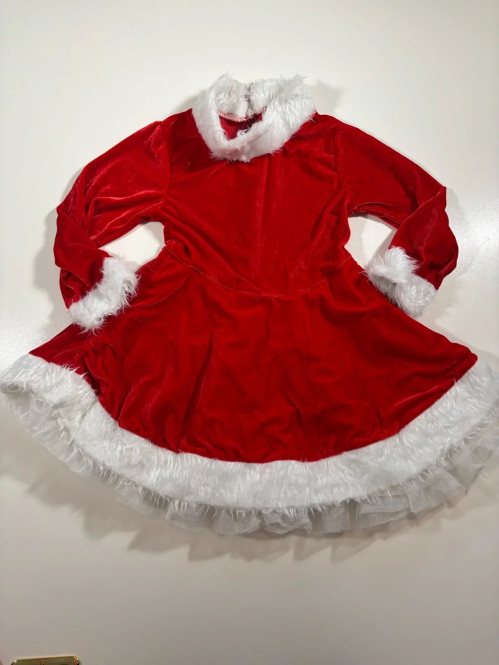 Girls Santa Costume Dress Red Velvet Faux Fur Trim Hat Gloves XS 4-5 Christmas